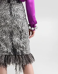 Charmeuse calf-length pencil skirt with fur print and feathered detailing