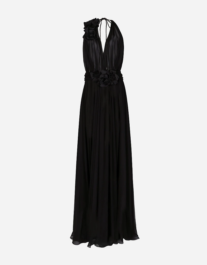 Long silk chiffon dress with floral appliqué