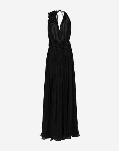 Long silk chiffon dress with floral appliqué