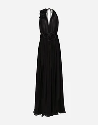 Long silk chiffon dress with floral appliqué