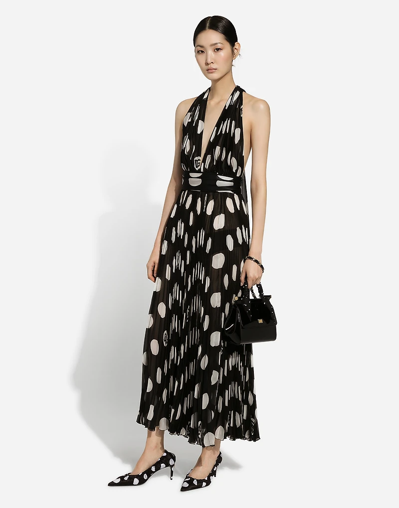 Pleated chiffon calf-length dress with polka-dot print