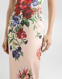 Satin calf-length sheath dress with floral print