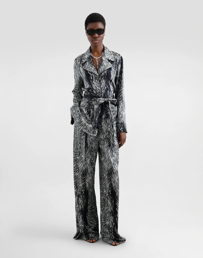 Silk satin pajama shirt with fur print
