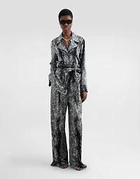 Silk satin pajama shirt with fur print