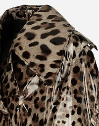 Leopard-print coated satin trench coat