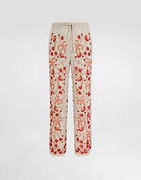 Lace pants with coral and rhinestone embroidery