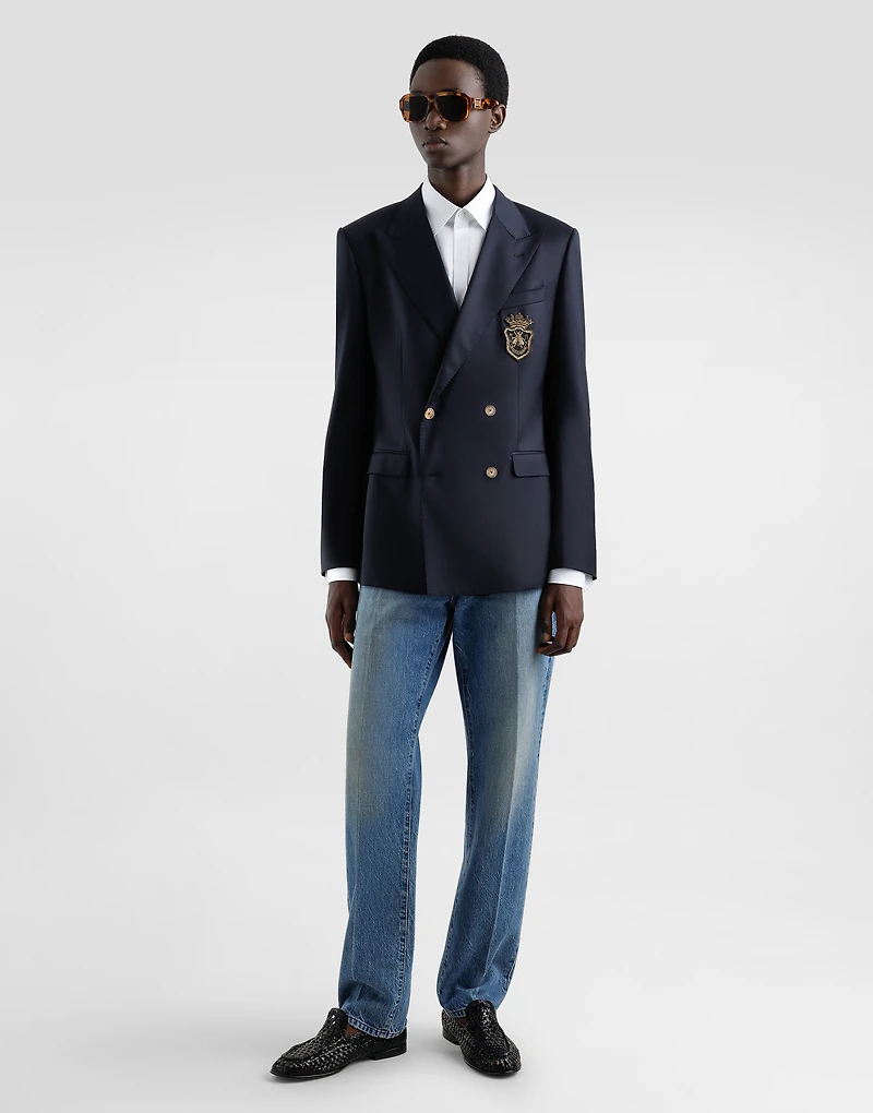 Double-breasted wool jacket with patch