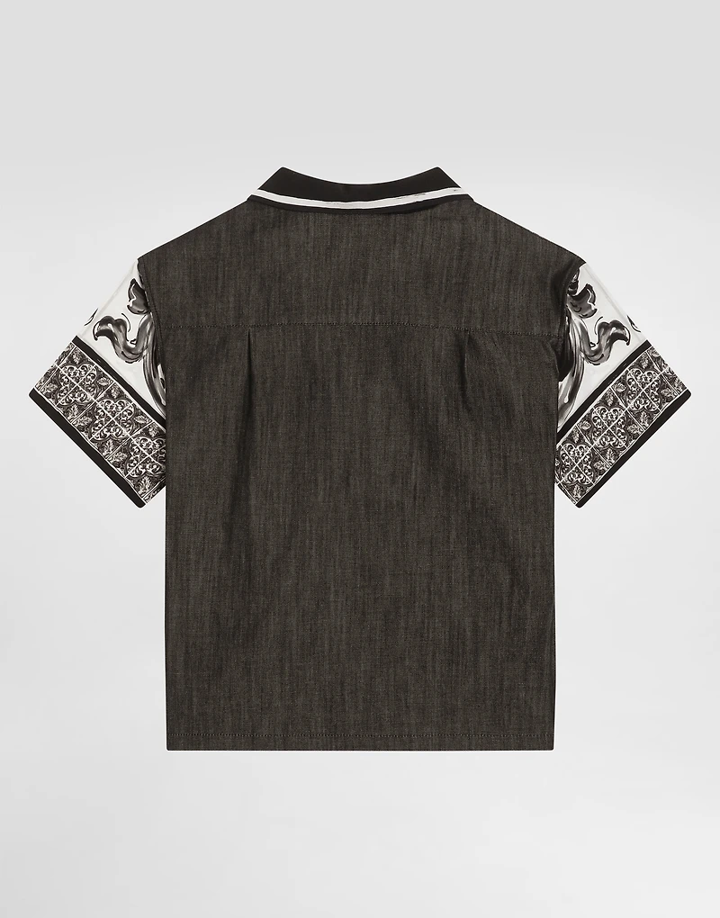 Majolica-print short-sleeved denim shirt