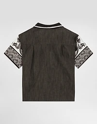 Majolica-print short-sleeved denim shirt
