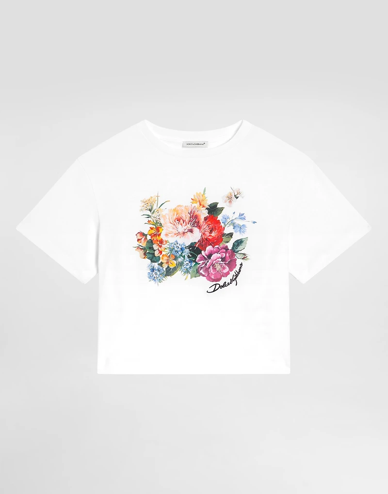 Flower-print short-sleeved jersey t-shirt
