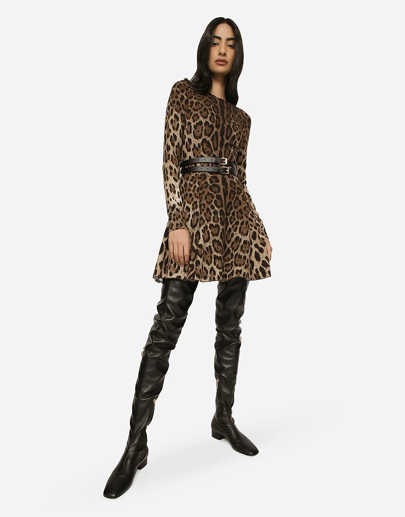 Short leopard-print cady dress