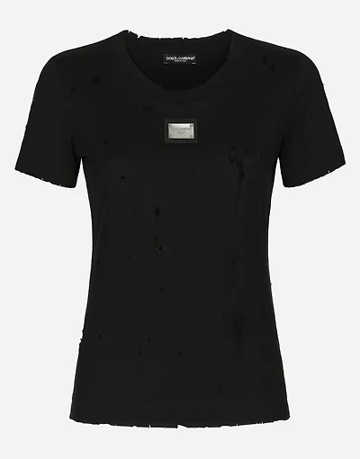 Jersey T-shirt with rips and Dolce&Gabbana tag