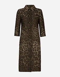 Single-breasted wool jacquard coat with leopard design
