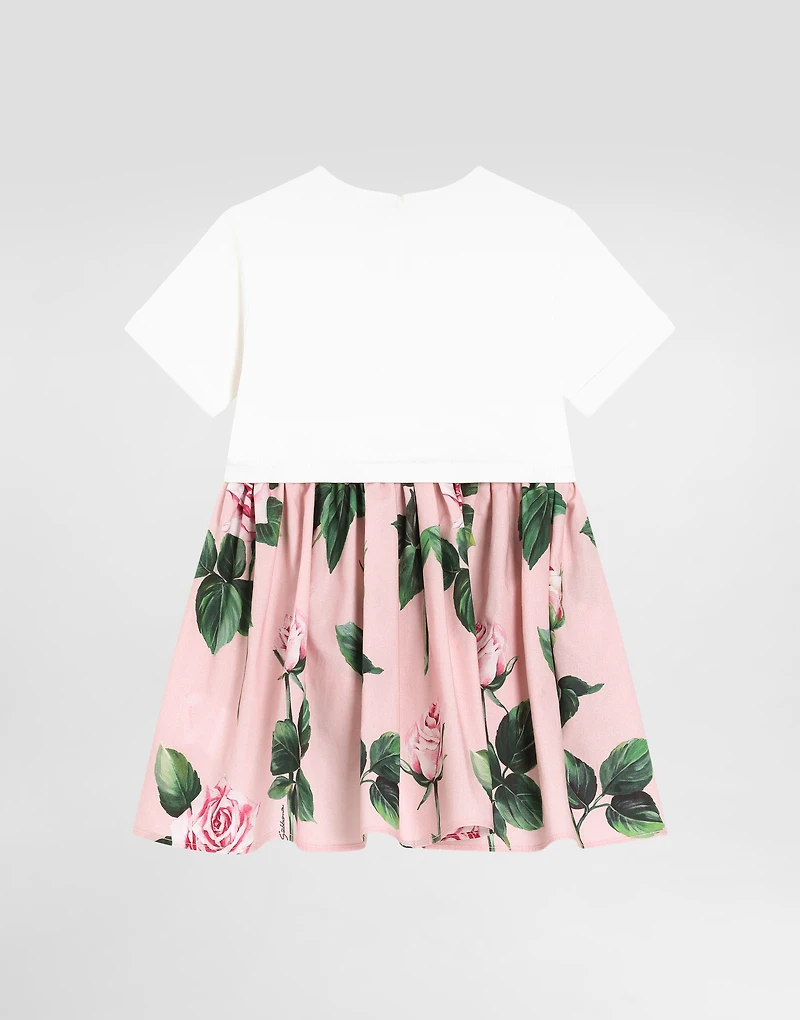 Rose-print poplin and jersey dress
