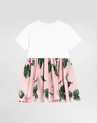 Rose-print poplin and jersey dress