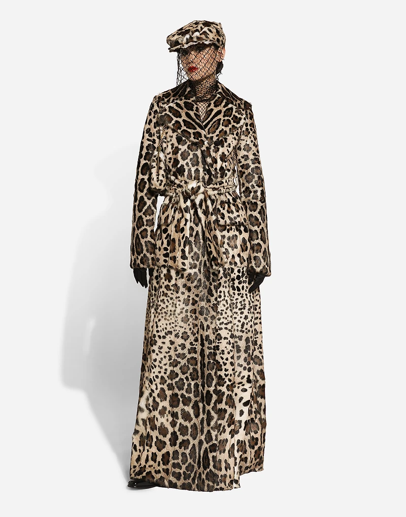 Leopard-print goatskin flat cap with veil