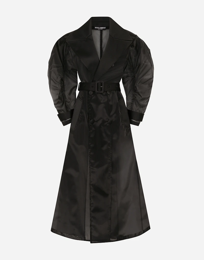 Technical organza trench coat with gathered sleeves