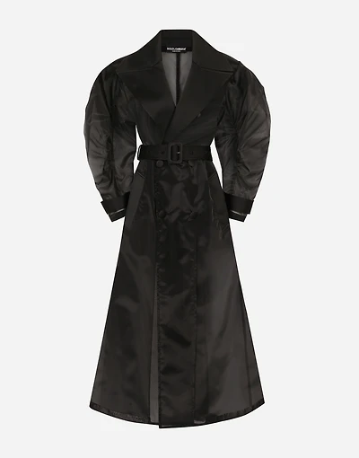 Technical organza trench coat with gathered sleeves