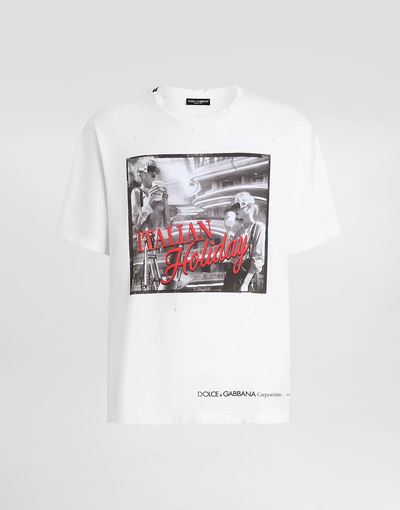 Cotton T-shirt with Italian Holiday print