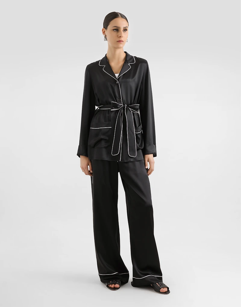 Silk pajama shirt with contrasting piping