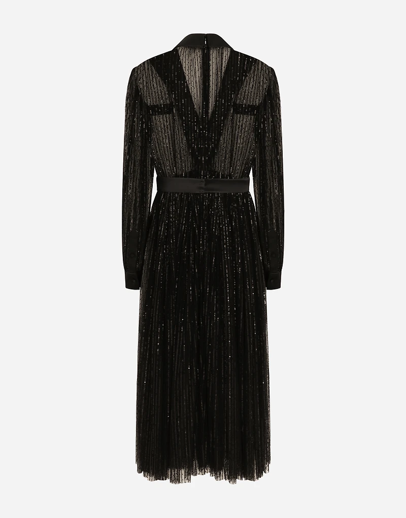 Calf-length tulle tuxedo shirt dress with sequin embellishment