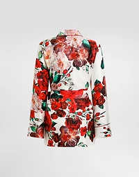 Long-sleeved twill pajama shirt with rose print