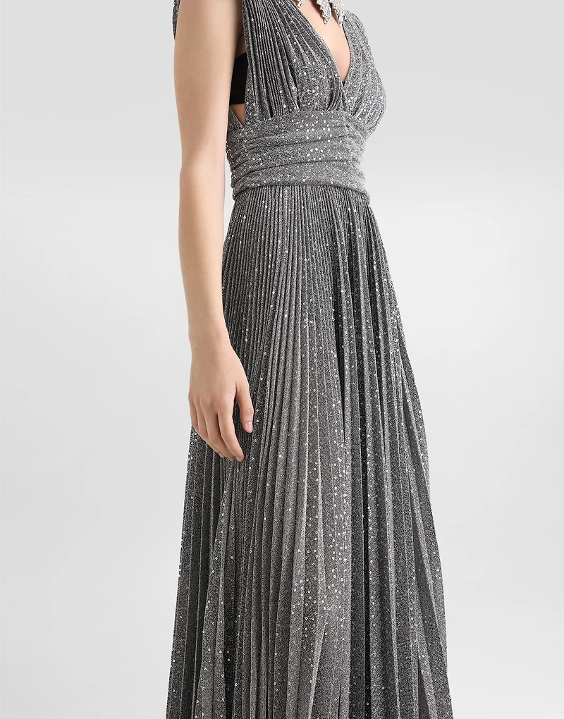Long pleated dress with micro-sequin embellishment