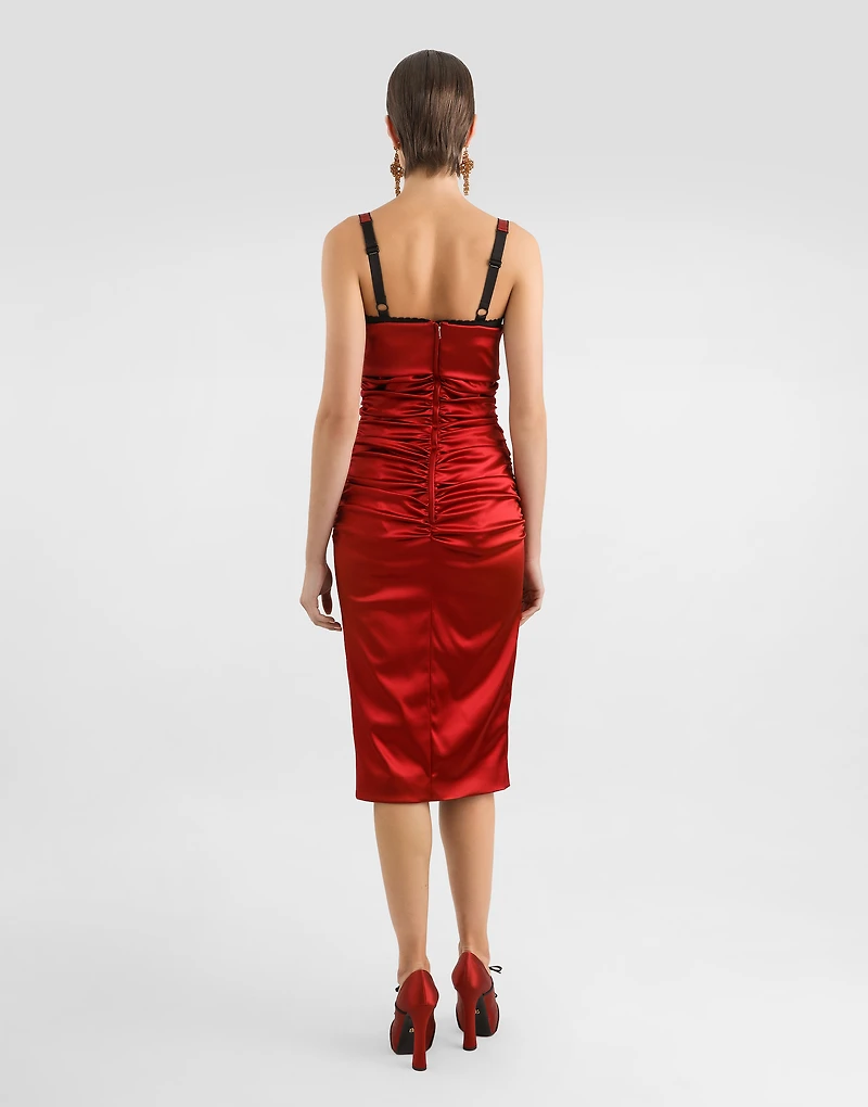 Draped satin calf-length dress with conical cups