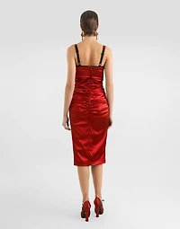 Draped satin calf-length dress with conical cups