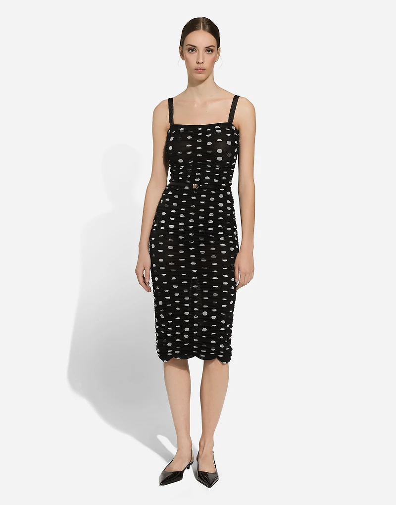 Tulle calf-length sheath dress with draping and polka-dot print