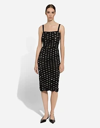 Tulle calf-length sheath dress with draping and polka-dot print