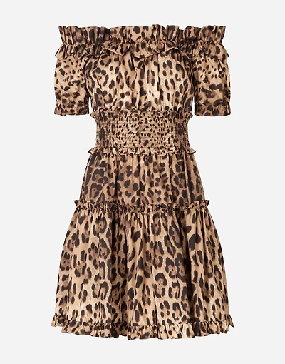 Short leopard-print poplin dress