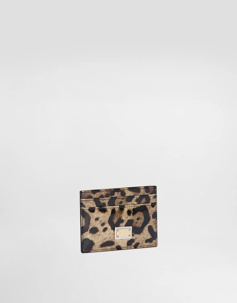 Polished calfskin card holder with leopard print