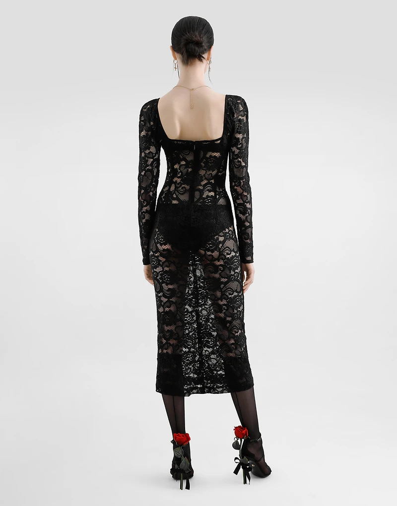 Calf-length floral lace dress with bra-style cups