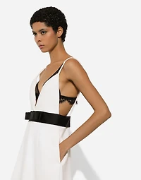 Short woolen dress with satin belt and straps