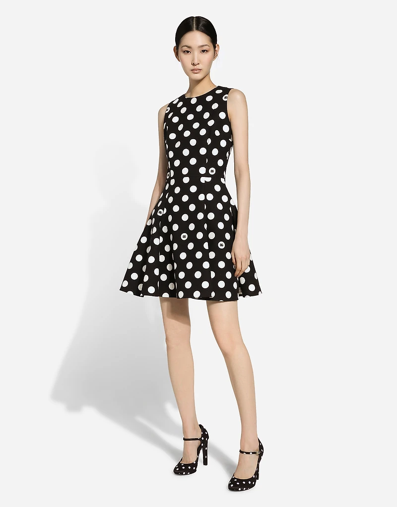 Short cotton rush-stitch brocade dress with polka-dot print