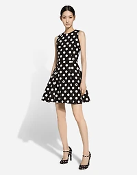 Short cotton rush-stitch brocade dress with polka-dot print