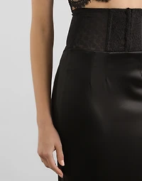 Satin calf-length skirt with corset-style belt detail