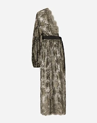 Calf-length one-shoulder lamé Chantilly lace dress