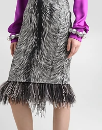 Charmeuse calf-length pencil skirt with fur print and feathered detailing