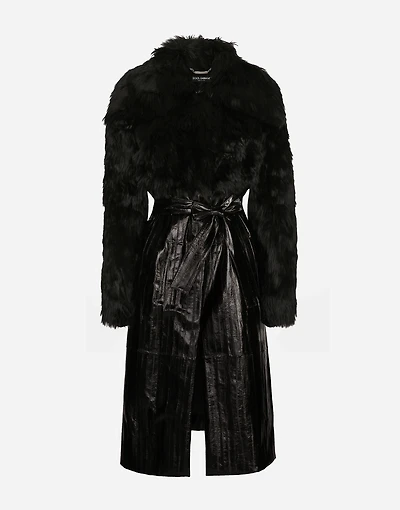 Alpaca and eel skin single-breasted coat with belt