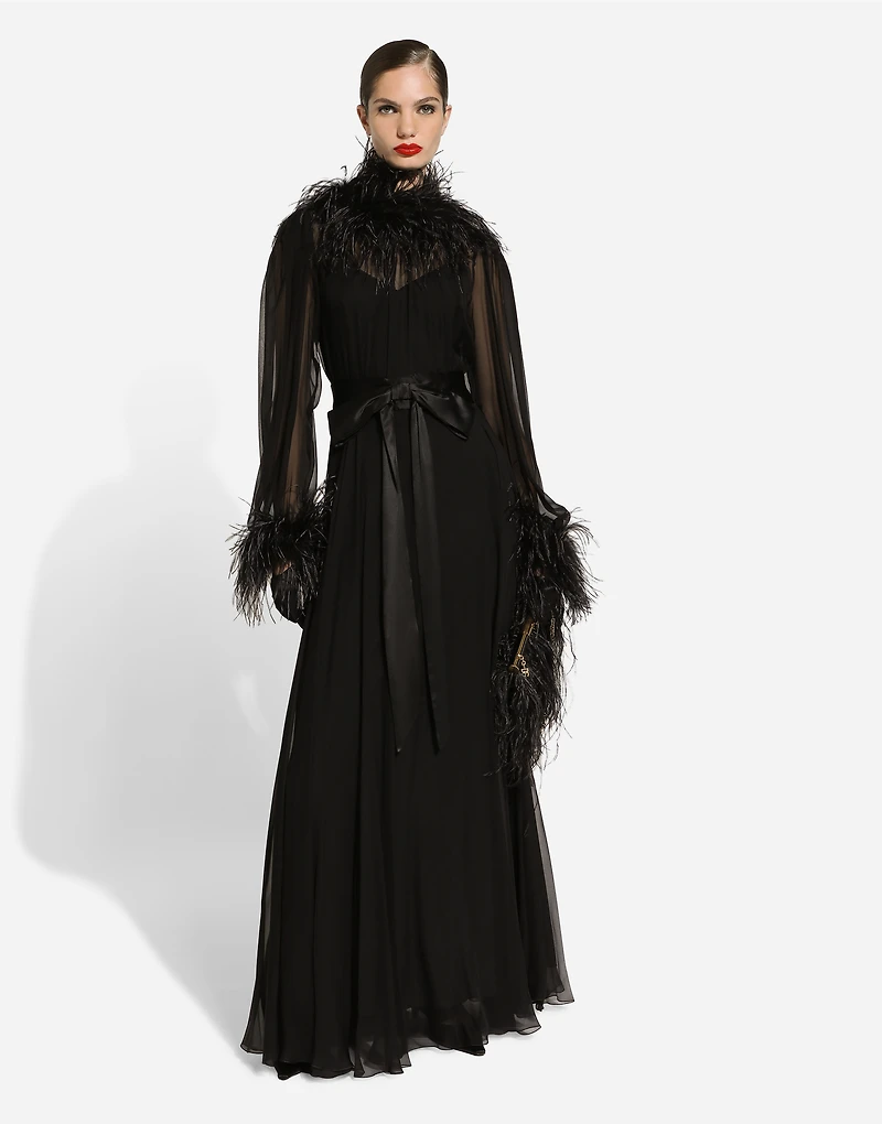 Long silk chiffon dress with ostrich feather details
