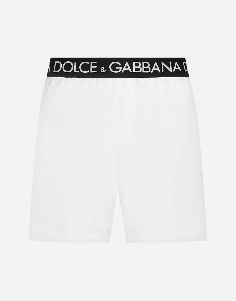 Mid-length swim trunks with branded stretch waistband