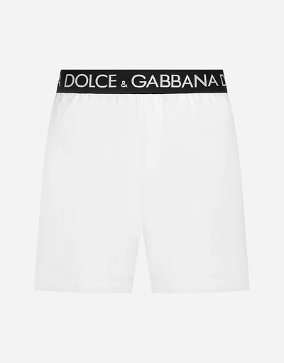 Mid-length swim trunks with branded stretch waistband