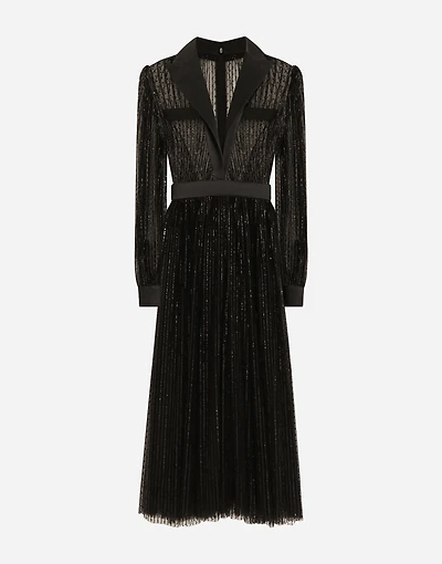 Calf-length tulle tuxedo shirt dress with sequin embellishment