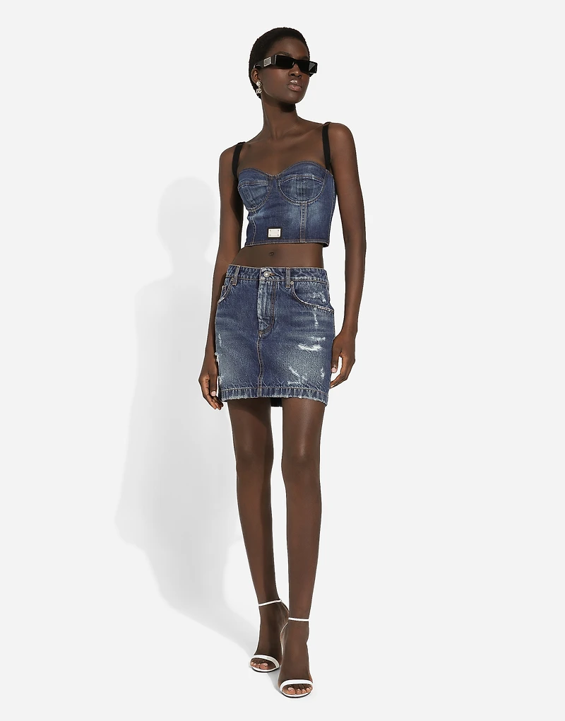 Denim mini skirt with rips