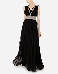 Long chiffon dress with fusible rhinestone detailing