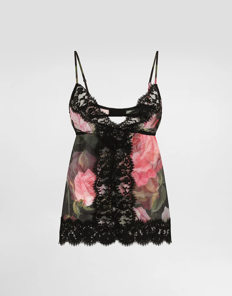 Chiffon and lace lingerie top with rose print