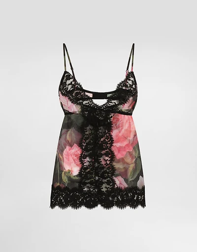 Chiffon and lace lingerie top with rose print