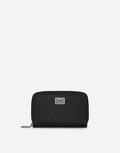 Small calfskin zip-around wallet with logo tag